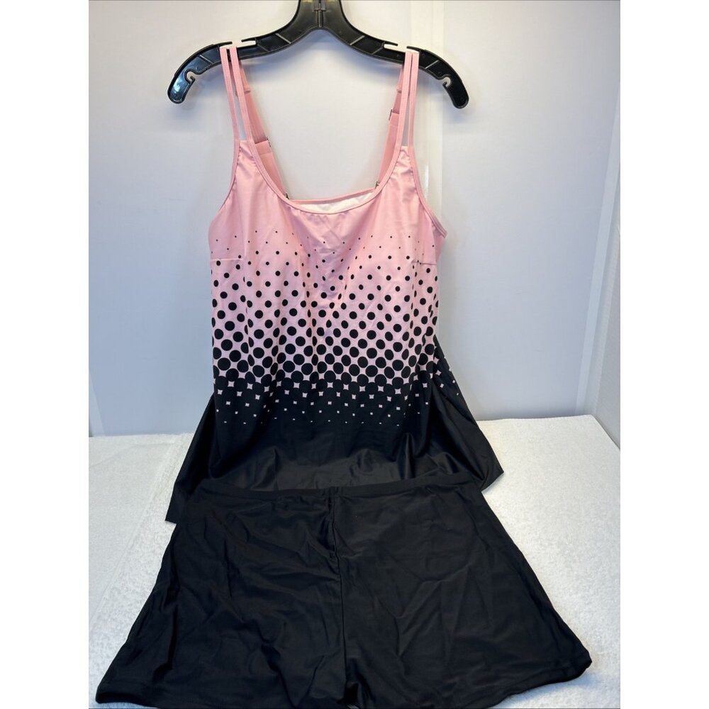 ROSEWE Tankini Swimsuit Two Piece Pink/Black Polka Dot Solid Black Boy Shorts XL